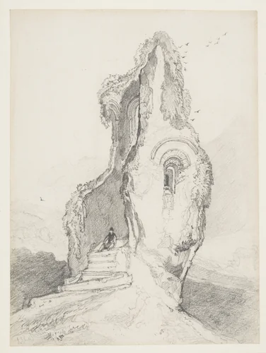 A figure resting in a ruined tower by John Sell Cotman, drawing, 1810-1840