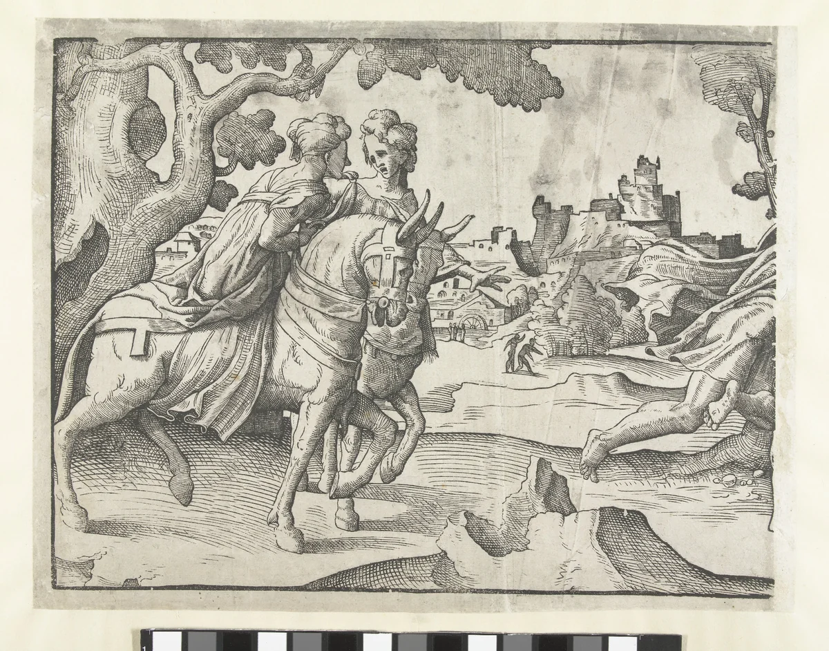 Twee vrouwen op muildieren by Unknown, print, 1540-1545