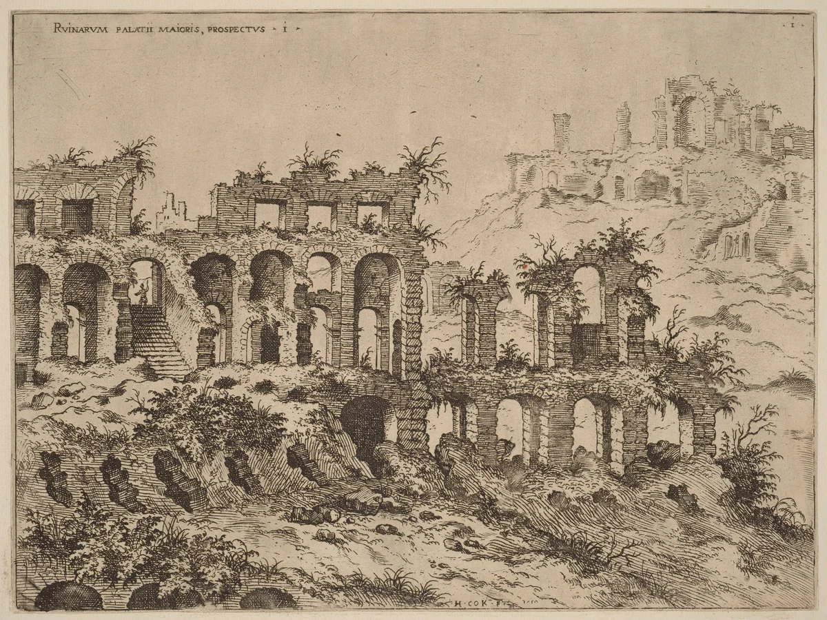 View of the Colosseum with the Palatine in the Background by Hieronymus Cock, print, 1550