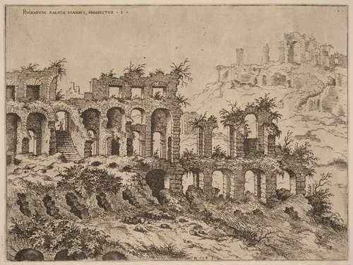 View of the Colosseum with the Palatine in the Background by Hieronymus Cock, print, 1550