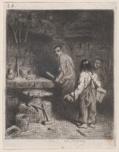 The Little Blacksmith by Charles Jacque, print, 1843