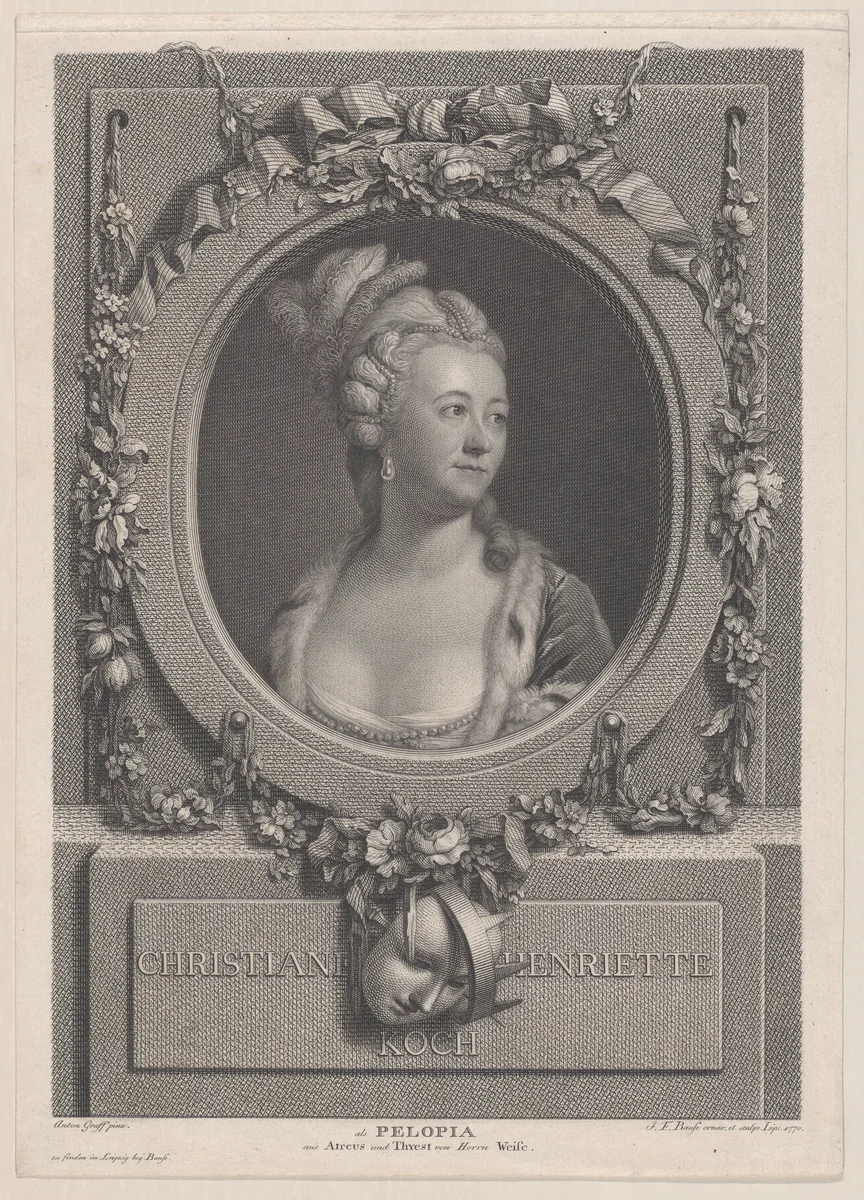 Portrait of Christiane Henriette Koch as Pelopia by Johann Friedrich Bause, print, 1770