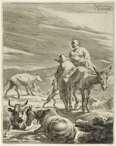 A Mother an Swathed Child Riding a Donkey, plate 4 from Four Landscapes by Cornelis Visscher, print, 1649-1658
