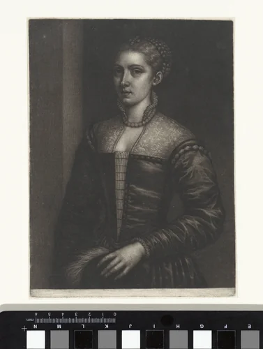 Vrouw in Venetiaanse kleding met een baret in de handen by Wallerant Vaillant, print, 1658-1677