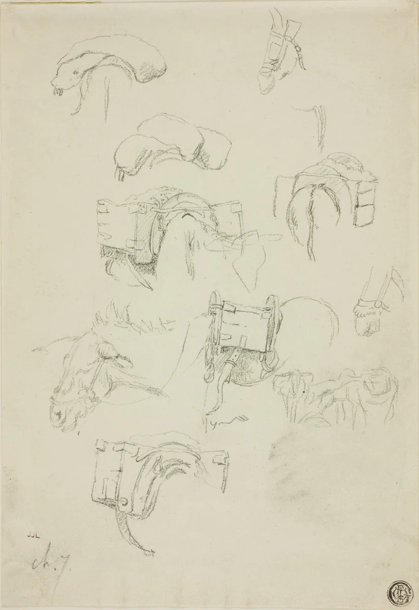 Sheet of Sketches: Details of a Donkey and Accoutrements by Charles-Émile Jacque, drawing, 1833-1894