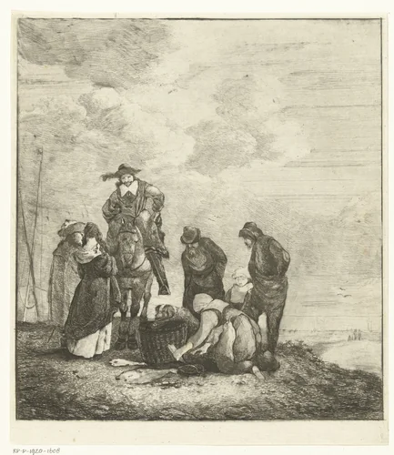 Visverkoopster met klanten bij het strand by Albertus Brondgeest, print, 1796-1849