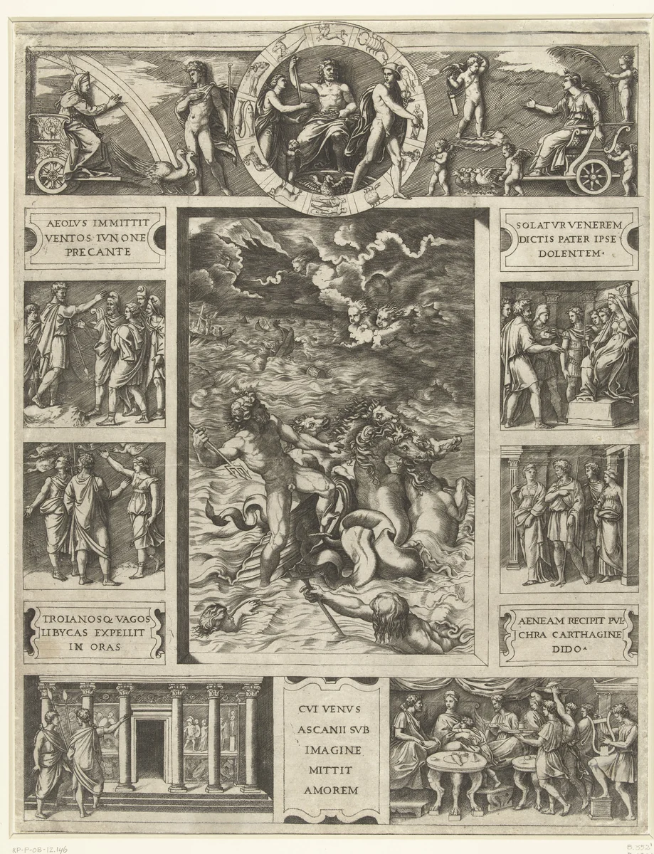 Jupiter bedaart de storm op zee in rechthoekige omlijsting met negen scènes uit epos Aeneis by Marcantonio Raimondi, print, 1515-1516