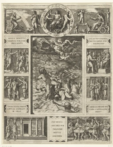 Jupiter bedaart de storm op zee in rechthoekige omlijsting met negen scènes uit epos Aeneis by Marcantonio Raimondi, print, 1515-1516
