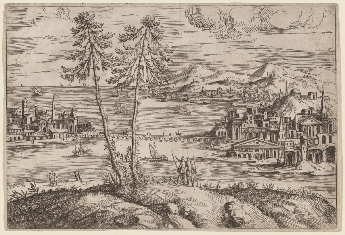 Landscape with Two Trees by Giovanni Battista Pittoni, print, 1553-1563