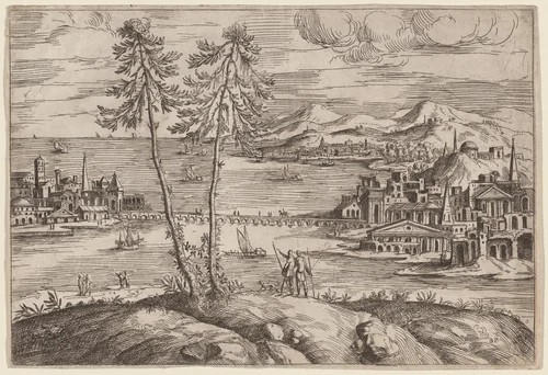 Landscape with Two Trees by Giovanni Battista Pittoni, print, 1553-1563