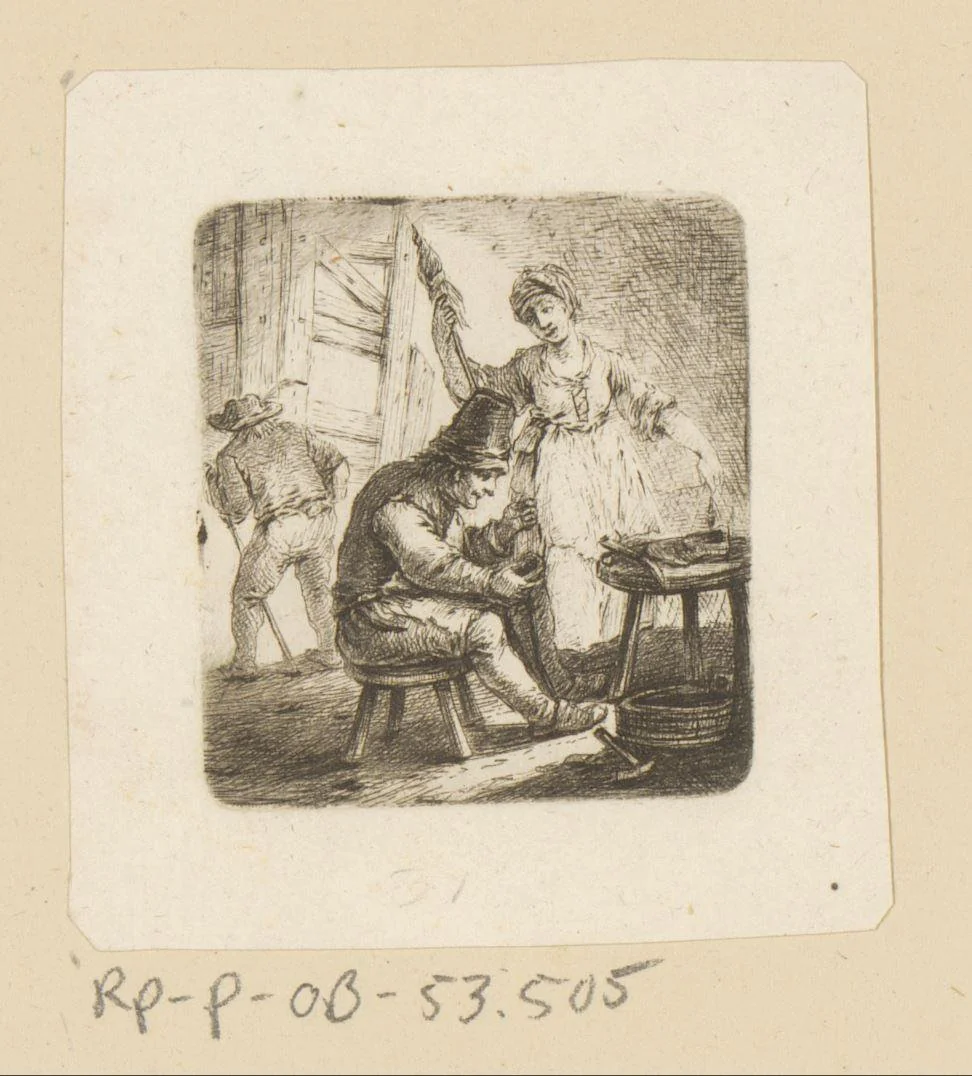 Schoenmaker en vrouw met spinrokken by Johann Andreas Benjamin Nothnagel, print, 1739-1804