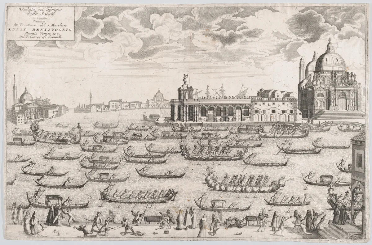 View of the church of Santa Maria della Salute in Venice, a regatta taking place on the canal by Alessandro della Via, print, 1695-1705
