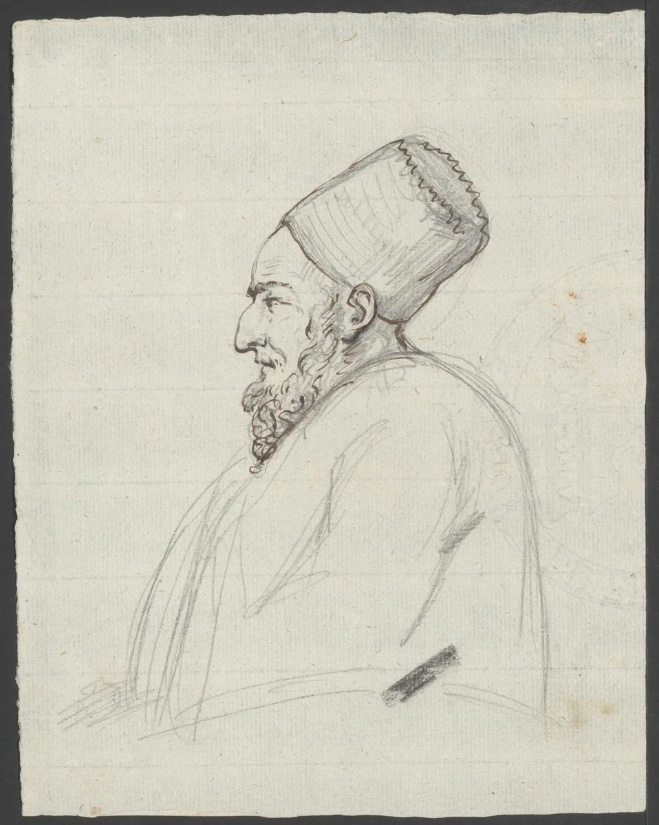 Oude man met baard en fez by Jean Bernard, drawing, 1775-1833