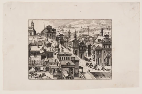 Bird’s-eye view of a town with a street going uphill from bottom right to top left by Johannes van Doetecum
Lucas van Doetecum
Hans Vredeman de Vries, print, 1562