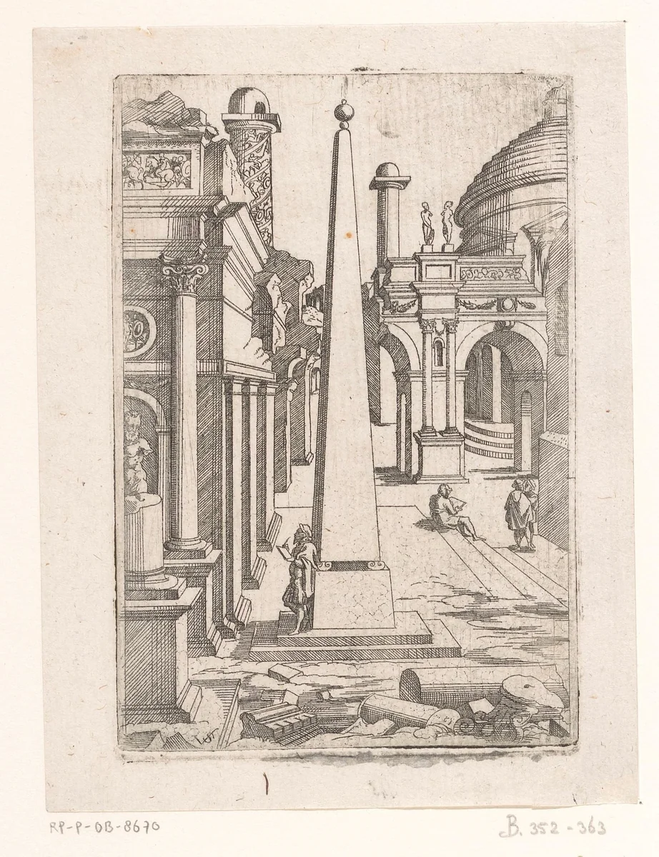 Plein met obelisk by Unknown, print, 1550-1562