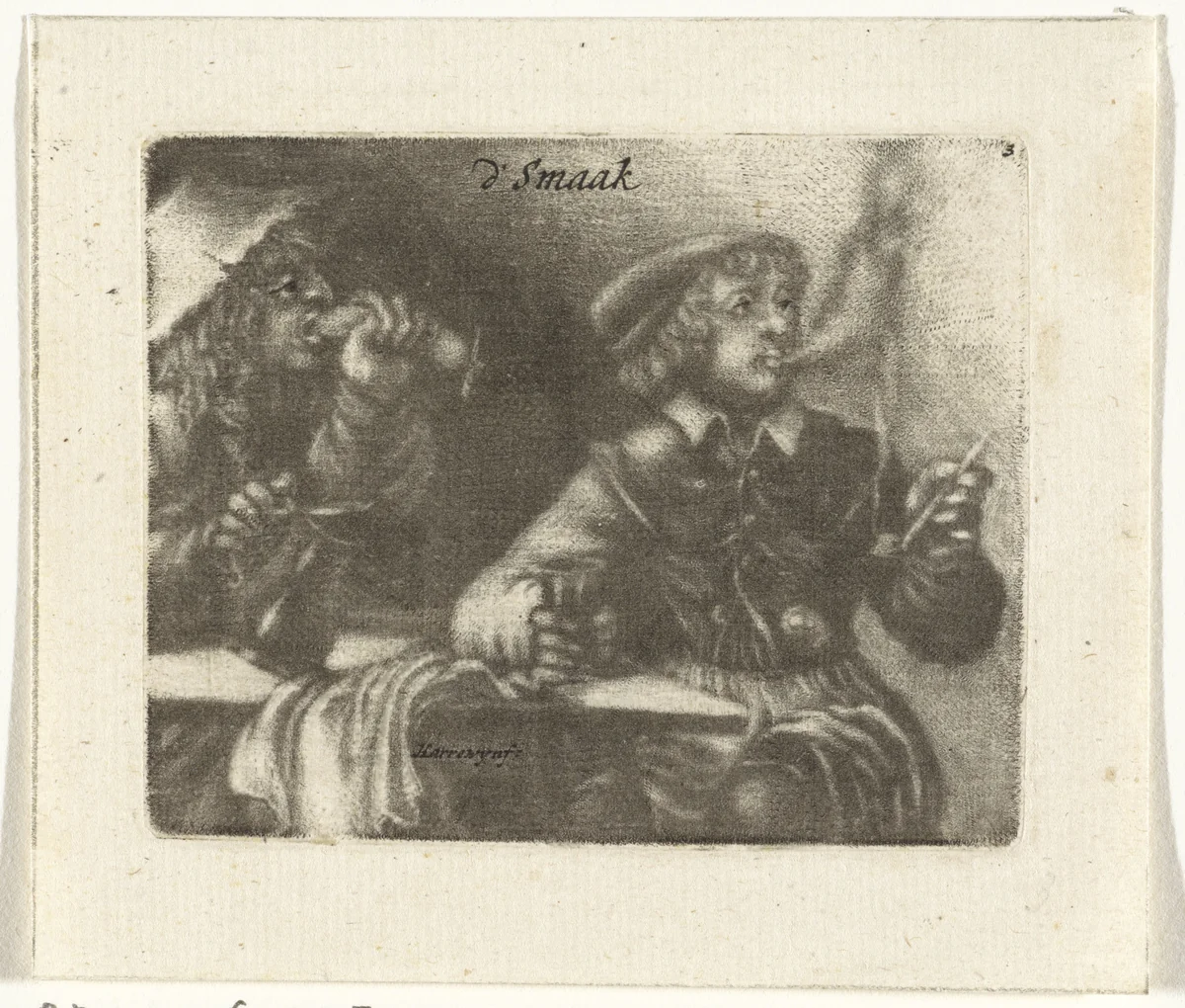Rokende en etende mannen by Jacobus Harrewijn, print, 1690