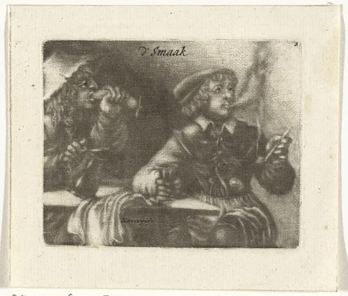 Rokende en etende mannen by Jacobus Harrewijn, print, 1690