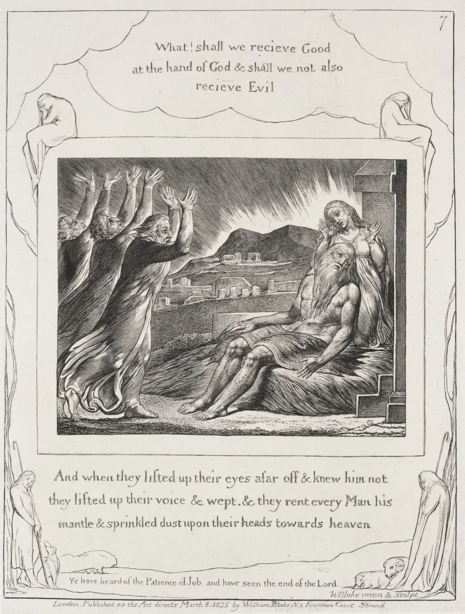 The Book of Job: Pl. 7, And when they had lifted up their eyes by William Blake, print, 1825