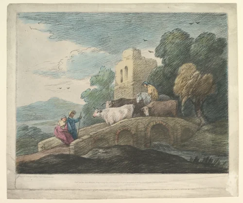 Wooded Landscape with Herdsmen Driving Cattle over a Bridge, Rustic Lovers and Ruined Castle by Thomas Gainsborough, print, 1797