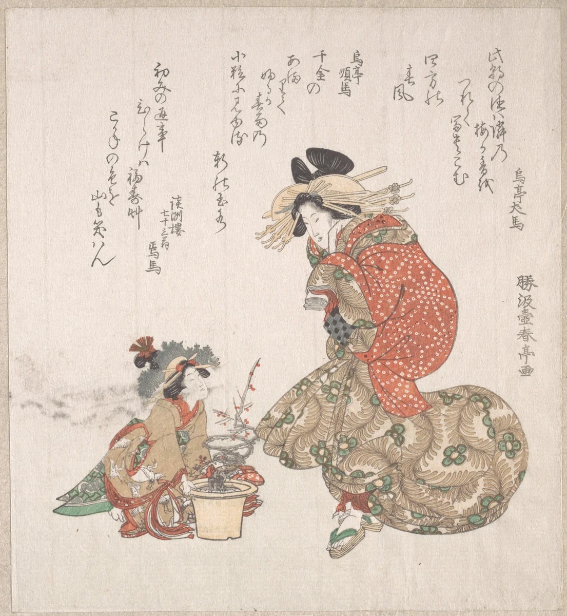 Courtesan and her Child Attendant with a Potted Plum Tree by Katsukawa Shuntei, print, 1805-1825