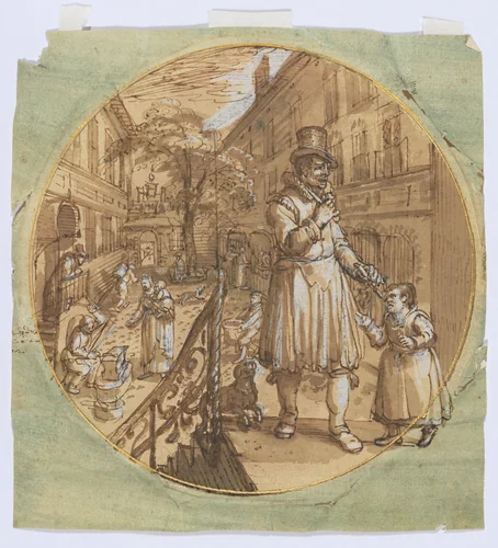 Allegorical scene with beggars and blacksmiths (recto); Sketch of rooftop (verso) by David Vinckboons, drawing, 1608-1618