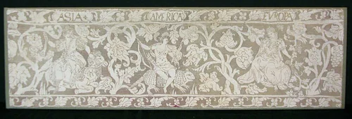 Panel with the Figures of Three Continents by Italy, textile, 1601-1700