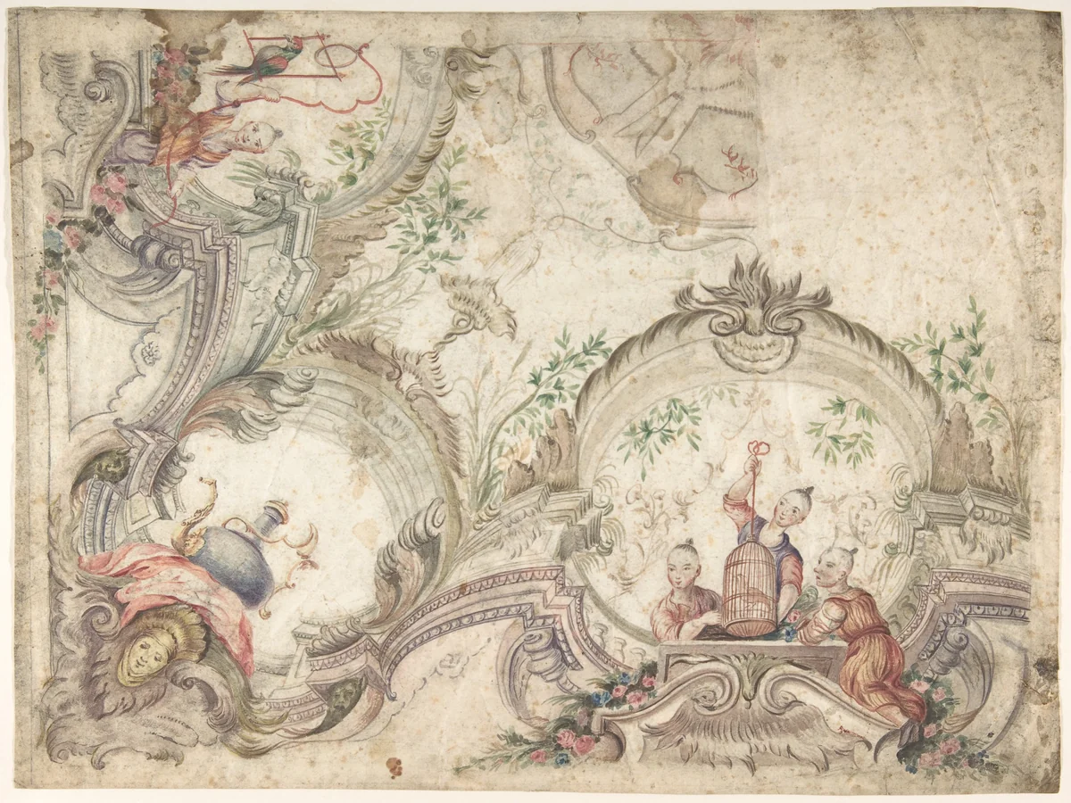 Design for a Ceiling Decoration with Chinoiserie Scenes by anonymous, drawing, 1715-1725