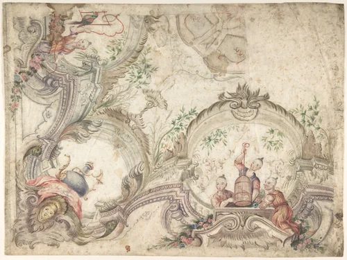 Design for a Ceiling Decoration with Chinoiserie Scenes by anonymous, drawing, 1715-1725