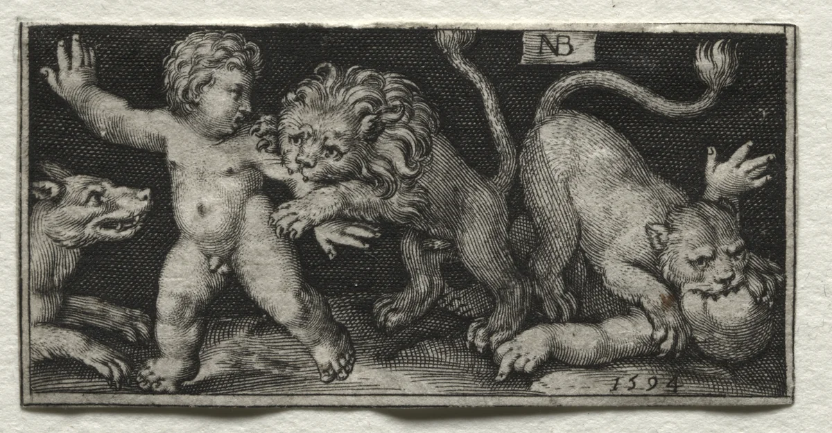 Lions Attacking Children by Nicolaes de Bruyn, print, 1594