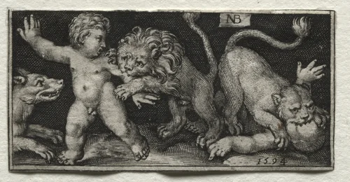Lions Attacking Children by Nicolaes de Bruyn, print, 1594