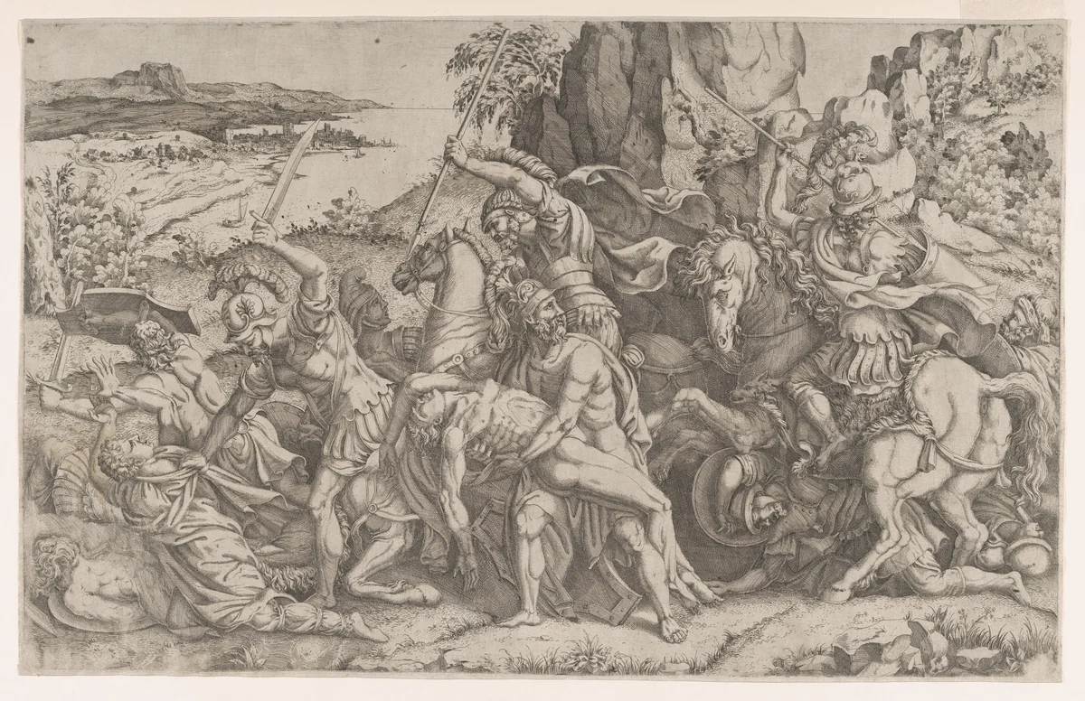 Battle around the Body of Patroclus by Anonymous, School of Fontainebleau, print, 1538-1552