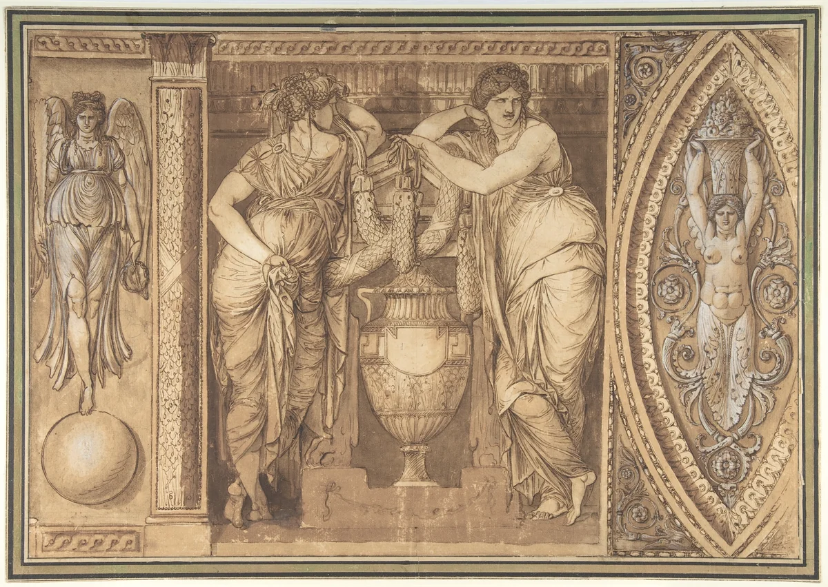 Design for a Frieze with Two Women Flanking an Urn by Giuseppe Cades, drawing, 1775-1785