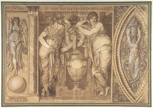 Design for a Frieze with Two Women Flanking an Urn by Giuseppe Cades, drawing, 1775-1785