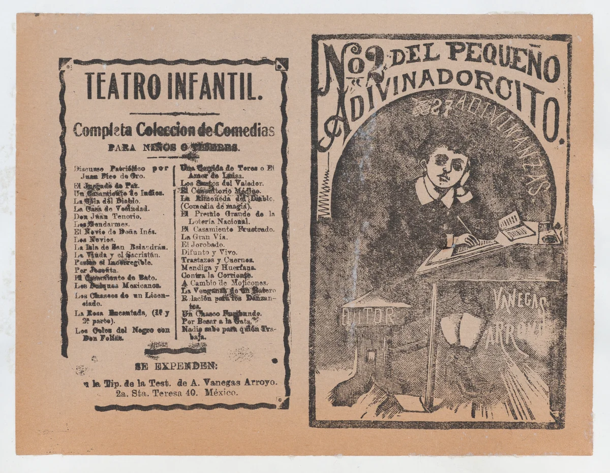 Cover for 'Del Pequeño Adivinadorcito', a young boy resting his head on his hand and writing at a desk by José Guadalupe Posada, print, 1885-1915