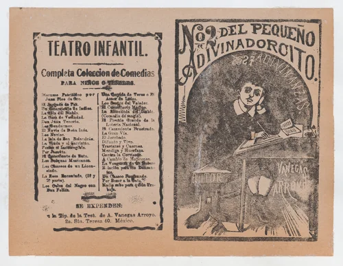Cover for 'Del Pequeño Adivinadorcito', a young boy resting his head on his hand and writing at a desk by José Guadalupe Posada, print, 1885-1915