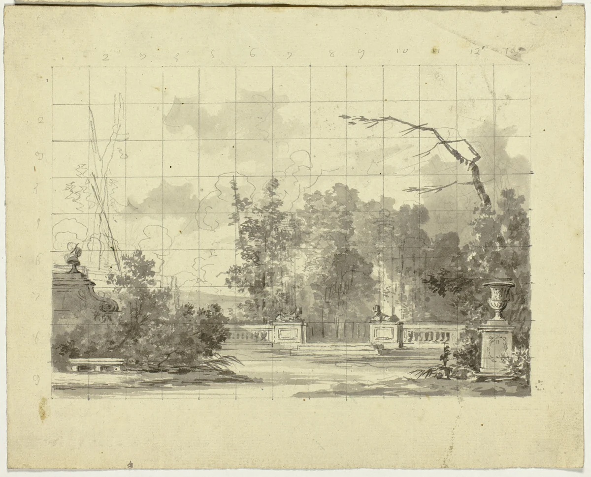 View of the Park at Versailles: Balustrade with Two Sphinxes Urn by Pierre Antoine Mongin, drawing, 1781-1827