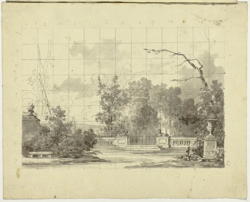 View of the Park at Versailles: Balustrade with Two Sphinxes Urn by Pierre Antoine Mongin, drawing, 1781-1827