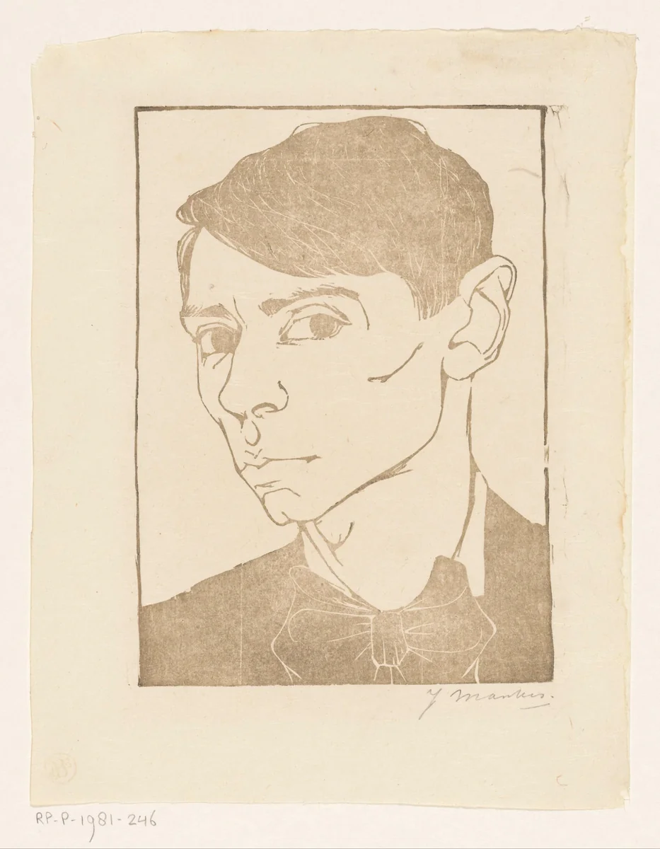 Zelfportret met vlinderdas by Jan Mankes, print, 1913