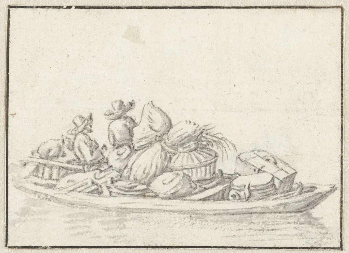 Twee mannen in een schuit beladen met huisraad by Herman Saftleven, drawing, 1619-1685
