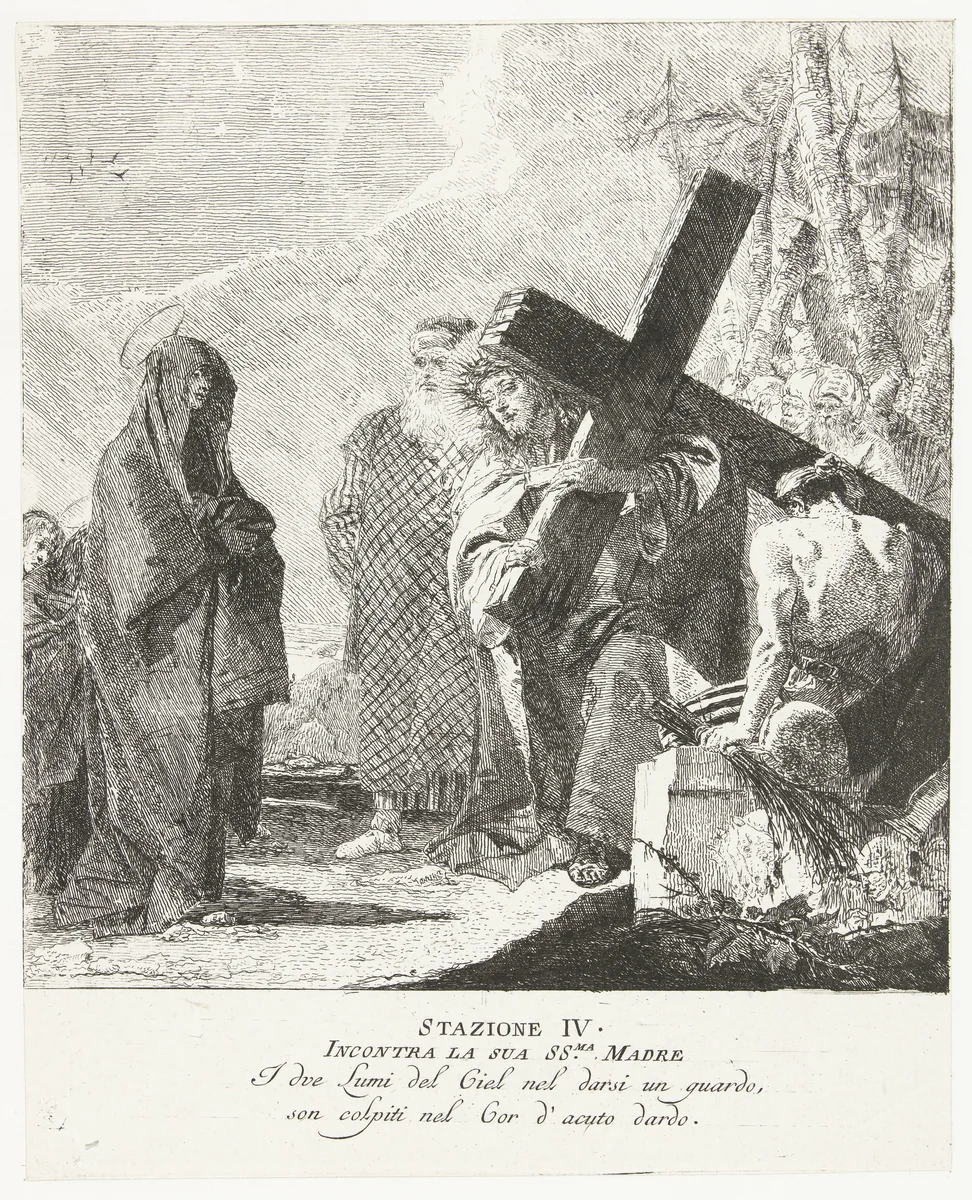 Christus ontmoet zijn moeder tijdens kruisdraging by Giovanni Domenico Tiepolo, print, 1747-1749