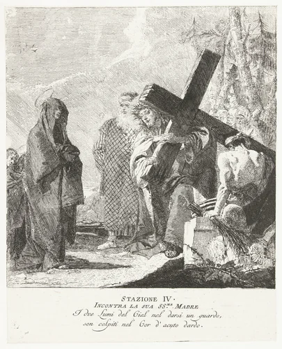 Christus ontmoet zijn moeder tijdens kruisdraging by Giovanni Domenico Tiepolo, print, 1747-1749