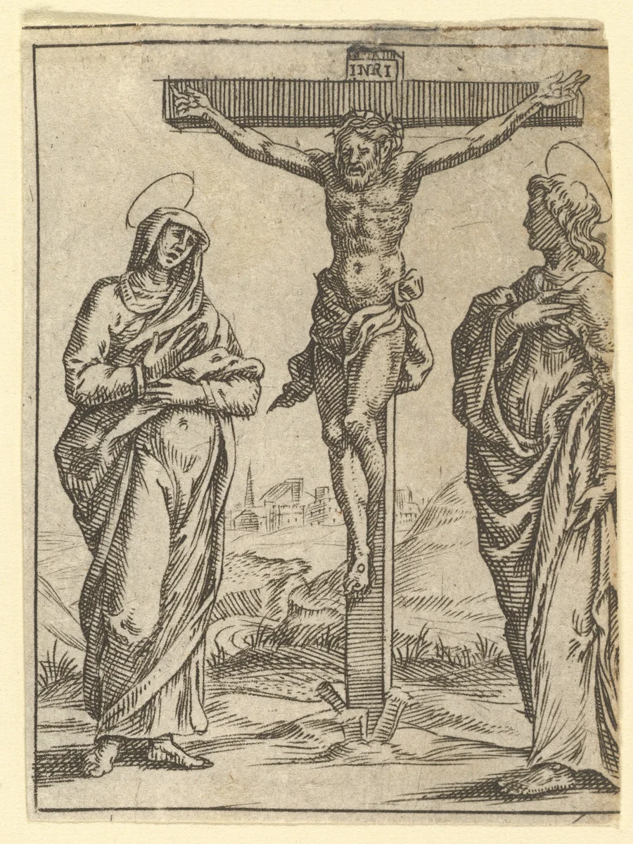 The Virgin of Sorrows: The Crucifixion; one of nine surrounding compartments from the Virgin of Sorrows, now separated by Giorgio Ghisi, print, 1520-1582