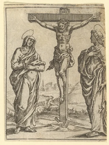 The Virgin of Sorrows: The Crucifixion; one of nine surrounding compartments from the Virgin of Sorrows, now separated by Giorgio Ghisi, print, 1520-1582