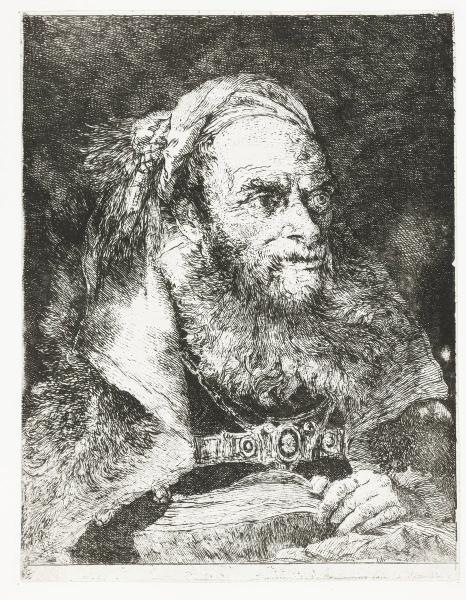 Man met opengeslagen boek by Giovanni Domenico Tiepolo, print, 1757-1758