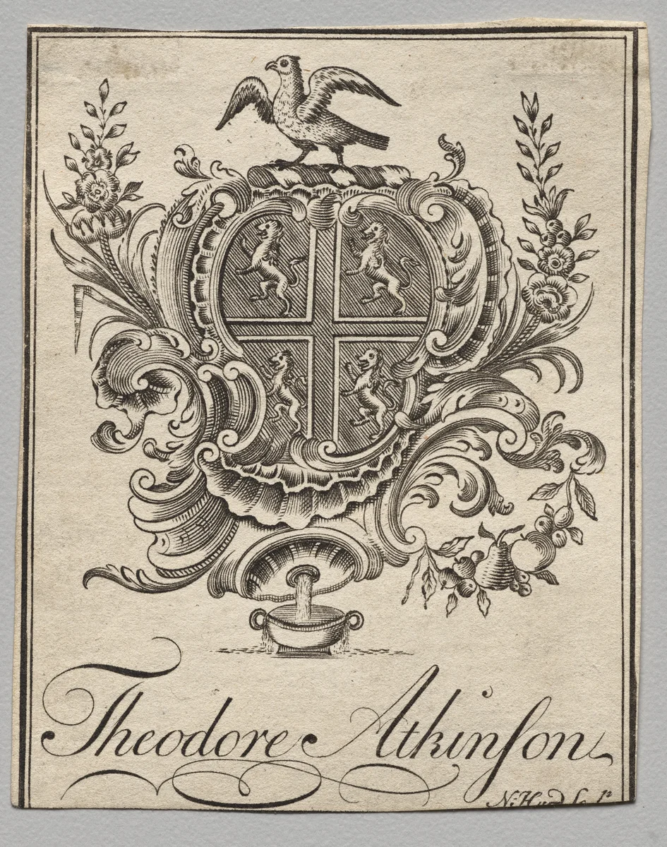 Bookplate: Coat of Arms with Theodore Atkinson inscribed by Nathaniel Hurd, print