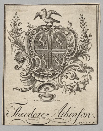 Bookplate: Coat of Arms with Theodore Atkinson inscribed by Nathaniel Hurd, print