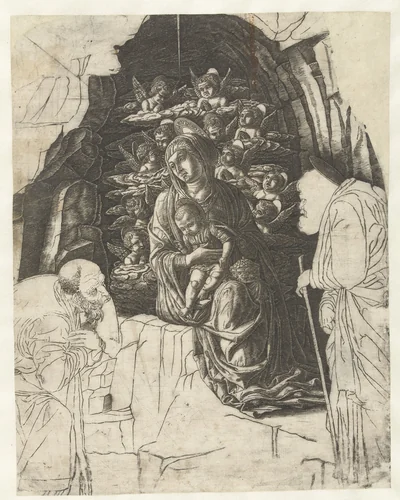 Maria met kind omgeven door engelen in grot met Jozef en koning in aanbidding by Unknown, print, 1475-1480