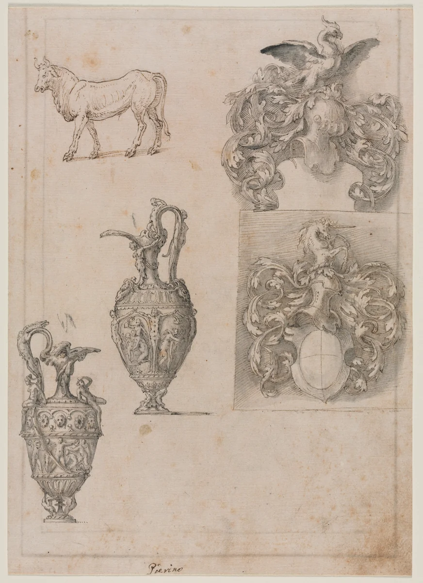 Design for Two Vases, Two Coats of Arms, and a Bull (recto) by Luzio Romano, drawing, 1530-1570