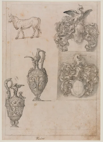 Design for Two Vases, Two Coats of Arms, and a Bull (recto) by Luzio Romano, drawing, 1530-1570