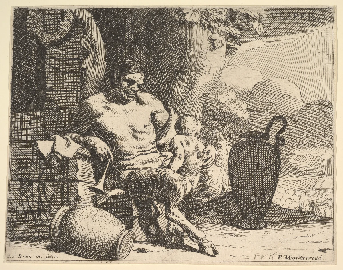 Evening: a seated satyr clasps his child, a figure hangs a garland on a pier beyond, from "Hours of the Day" by Charles Le Brun, print, 1635-1645